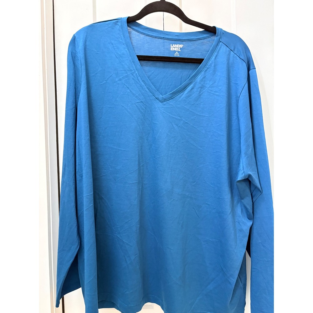Lands' End Womens 2X Blue V-Neck Long Sleeve Cotton T-Shirt RN 62830